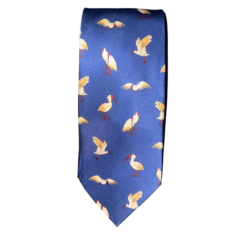 Vintage Lanbo Mens Silk Necktie Navy Blue‎ Crane Ibis Bird Pattern Tie